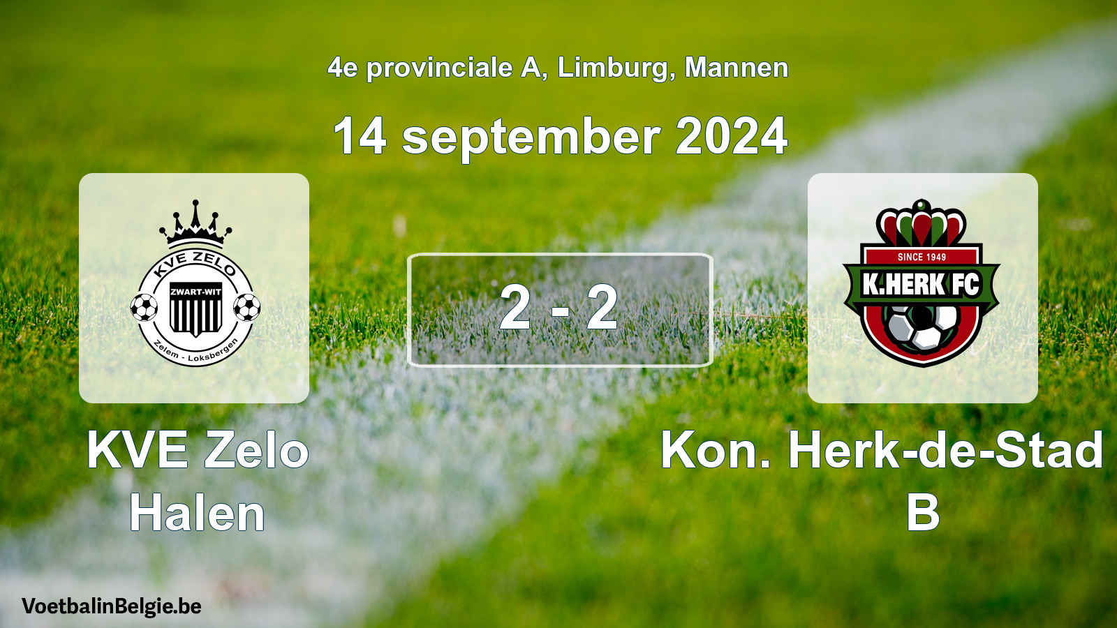 Gespeelde wedstrijd mannenvoetbal: KVE Zelo Halen - Kon. Herk-de-Stad FC B 2 - 2 (14 september 2024)