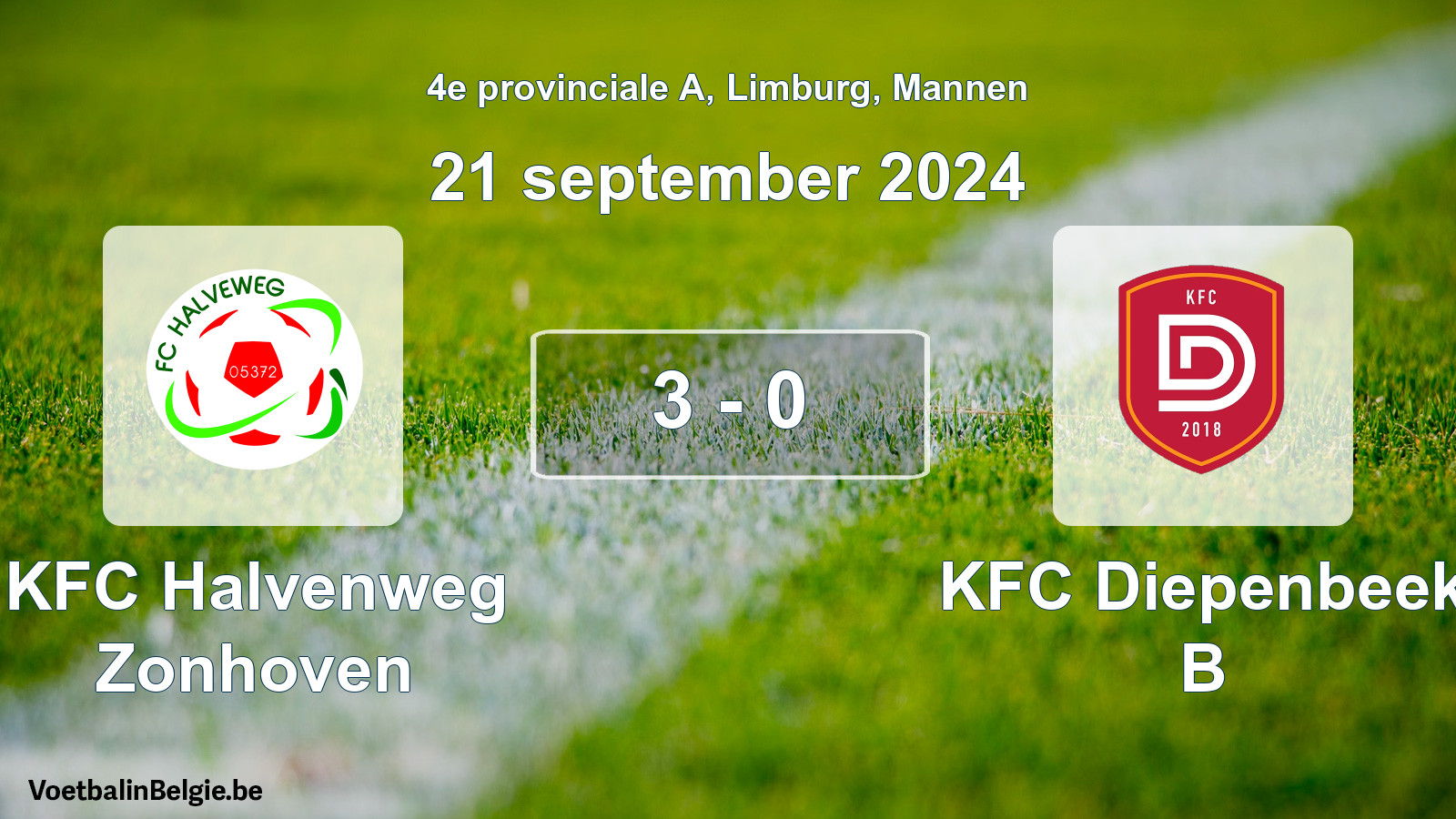 Gespeelde wedstrijd mannenvoetbal: KFC Halvenweg Zonhoven - KFC Diepenbeek B 3 - 0 (21 september 2024)