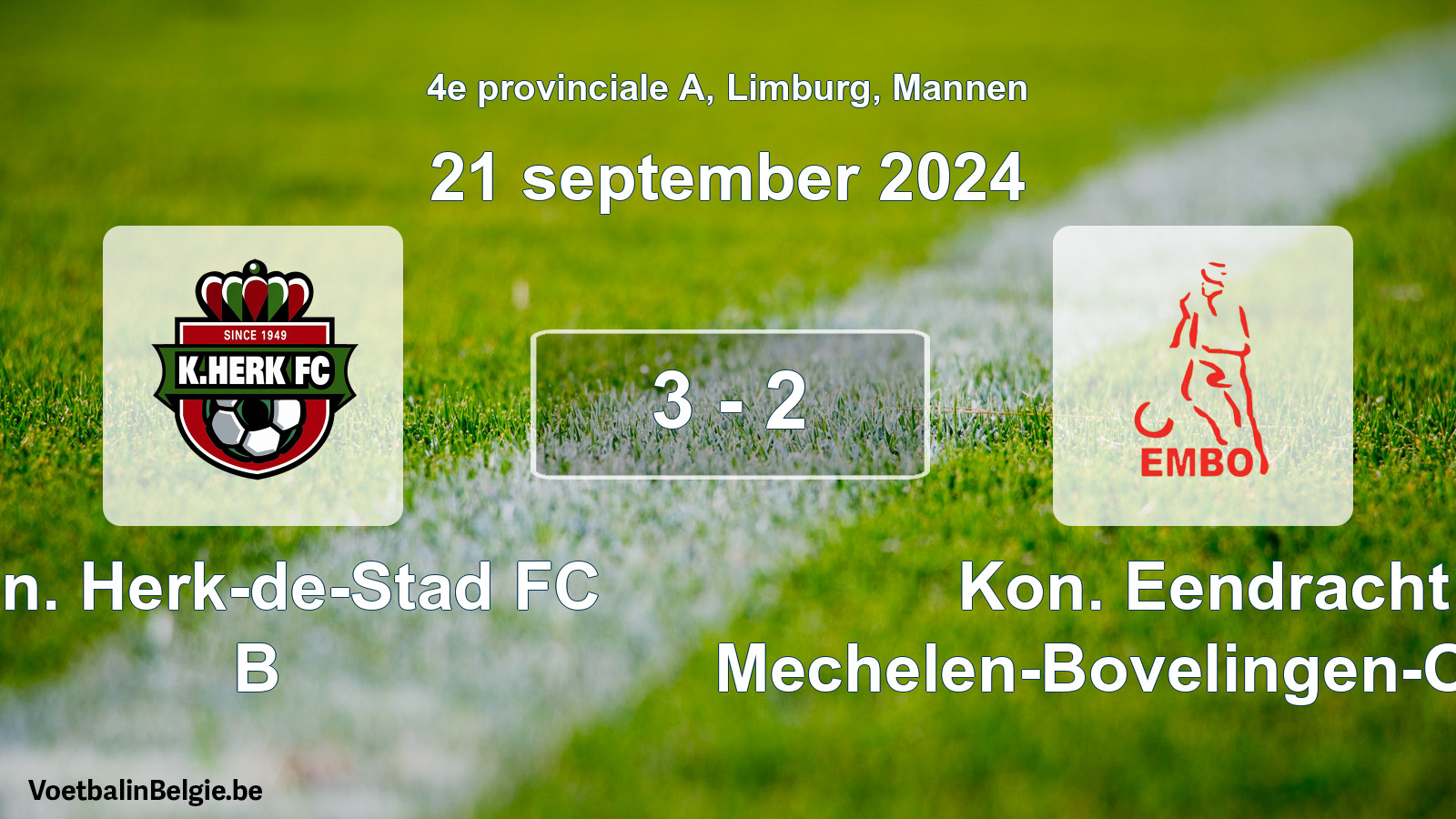 Gespeelde wedstrijd mannenvoetbal: Kon. Herk-de-Stad FC B - Kon. Eendracht Mechelen-Bovelingen-Opheers 3 - 2 (21 september 2024)