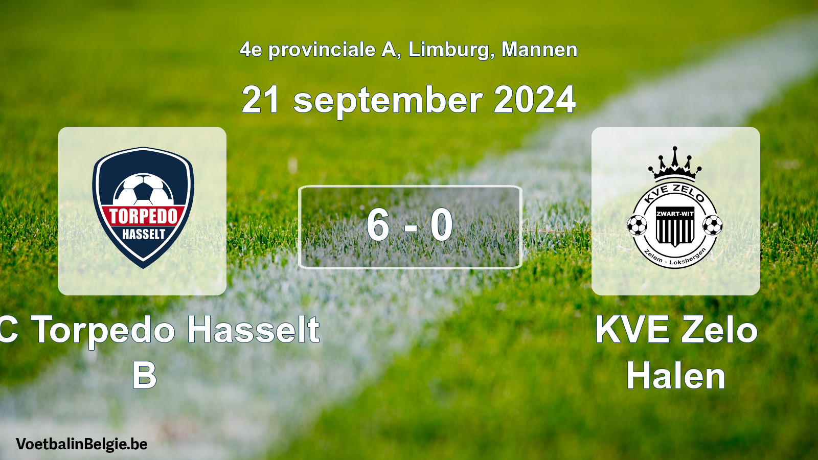 Gespeelde wedstrijd mannenvoetbal: FC Torpedo Hasselt B - KVE Zelo Halen 6 - 0 (21 september 2024)