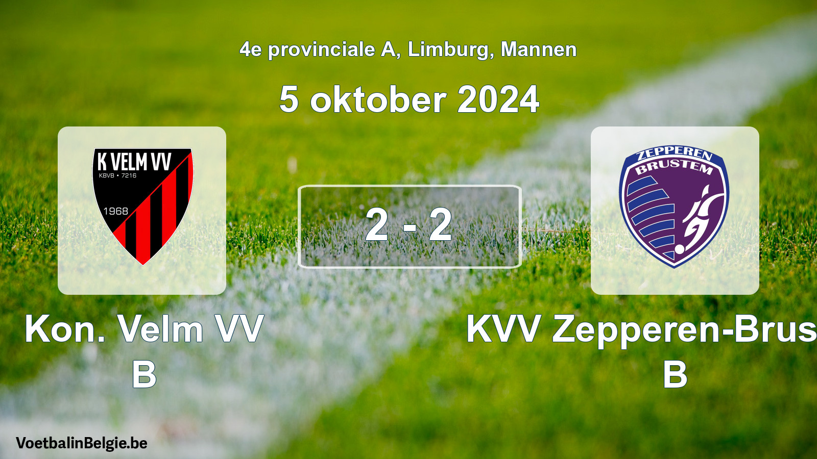 Gespeelde wedstrijd mannenvoetbal: Kon. Velm VV B - KVV Zepperen-Brustem B 2 - 2 (5 oktober 2024)