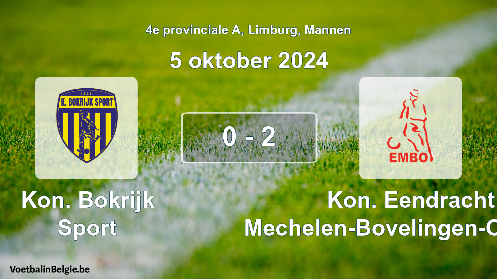 Gespieltes Spiel männer-Fußball: Kon. Bokrijk Sport - Kon. Eendracht Mechelen-Bovelingen-Opheers 0 - 2 (5 Oktober 2024)