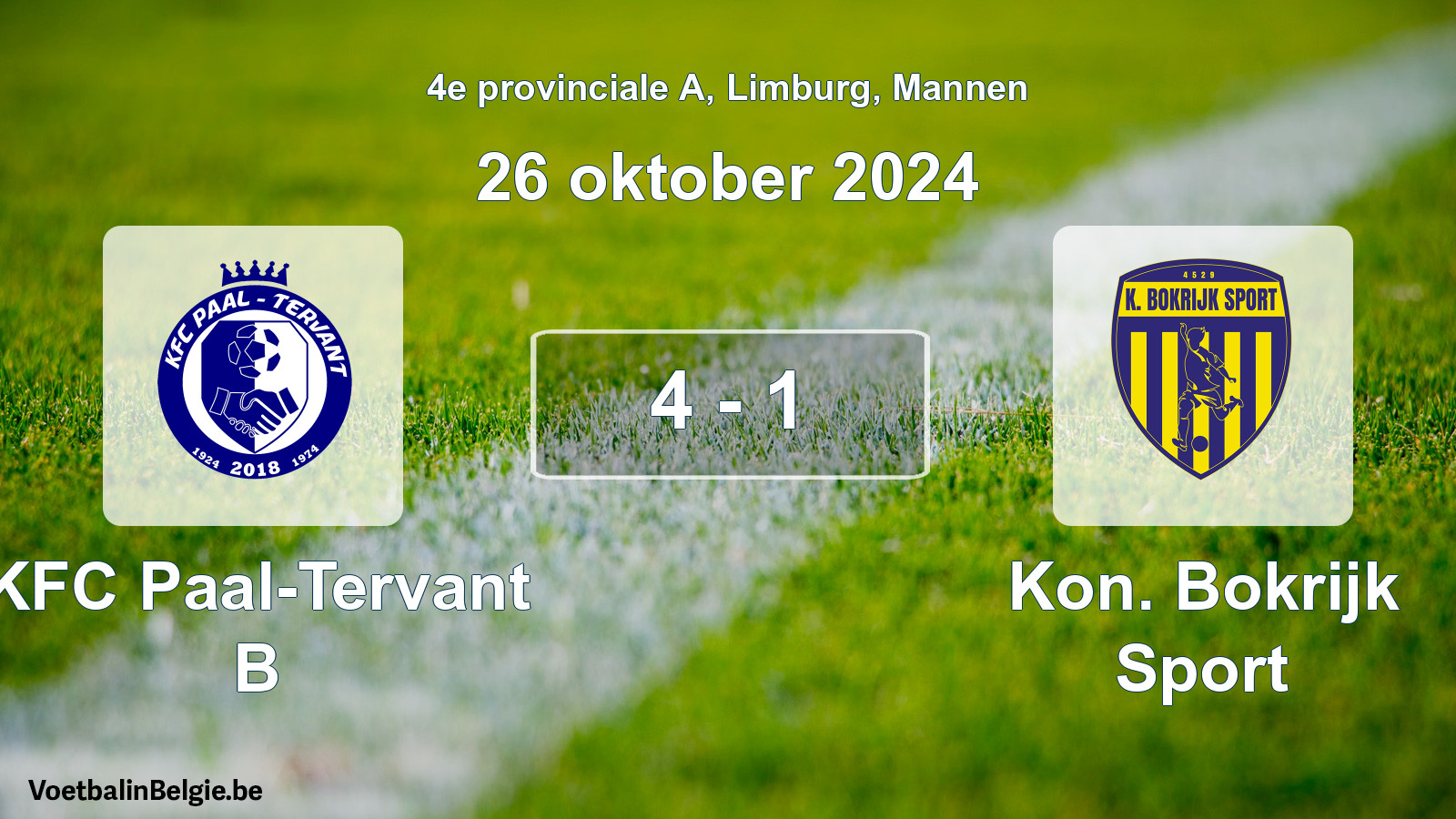 Gespeelde wedstrijd mannenvoetbal: KFC Paal-Tervant B - Kon. Bokrijk Sport 4 - 1 (26 oktober 2024)