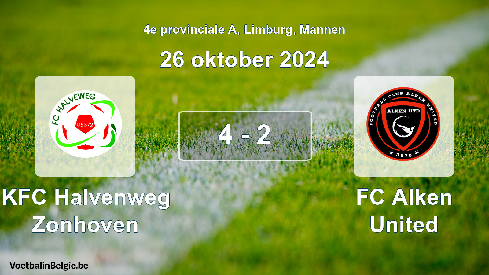 Gespeelde wedstrijd mannenvoetbal: KFC Halvenweg Zonhoven - FC Alken United 4 - 2 (26 oktober 2024)