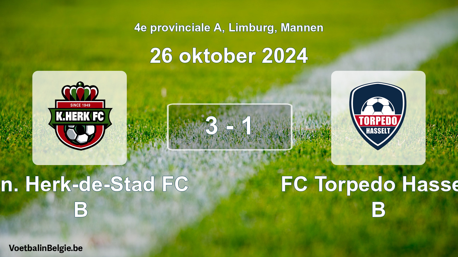 Gespeelde wedstrijd mannenvoetbal: Kon. Herk-de-Stad FC B - FC Torpedo Hasselt B 3 - 1 (26 oktober 2024)