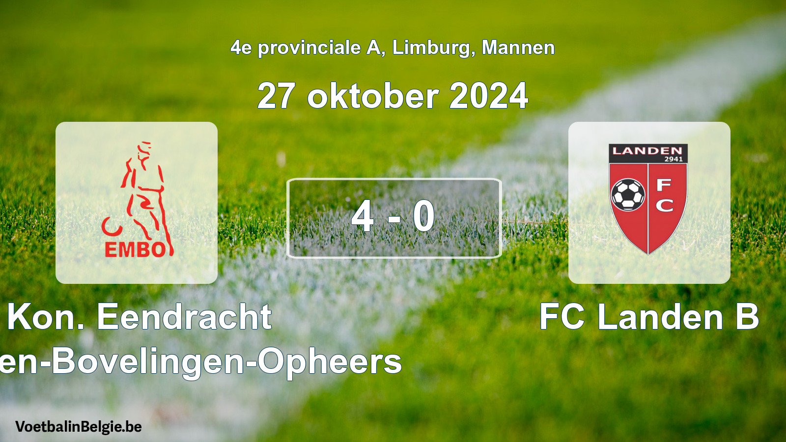 Gespeelde wedstrijd mannenvoetbal: Kon. Eendracht Mechelen-Bovelingen-Opheers - FC Landen B 4 - 0 (27 oktober 2024)