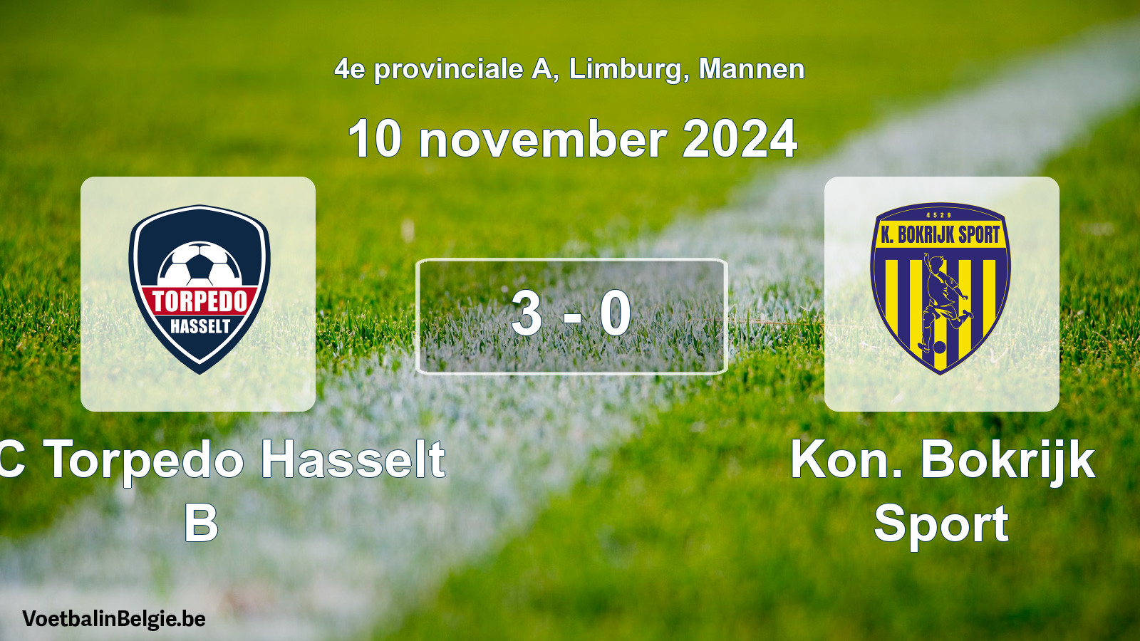 Gespeelde wedstrijd mannenvoetbal: FC Torpedo Hasselt B - Kon. Bokrijk Sport 3 - 0 (10 november 2024)