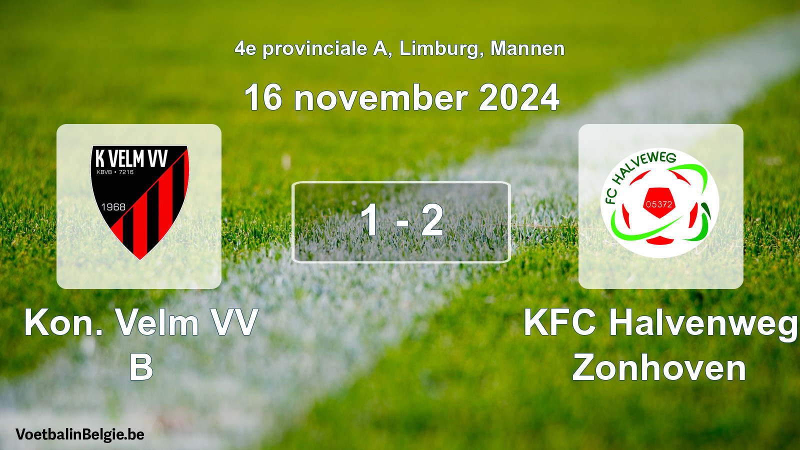Gespeelde wedstrijd mannenvoetbal: Kon. Velm VV B - KFC Halvenweg Zonhoven 1 - 2 (16 november 2024)