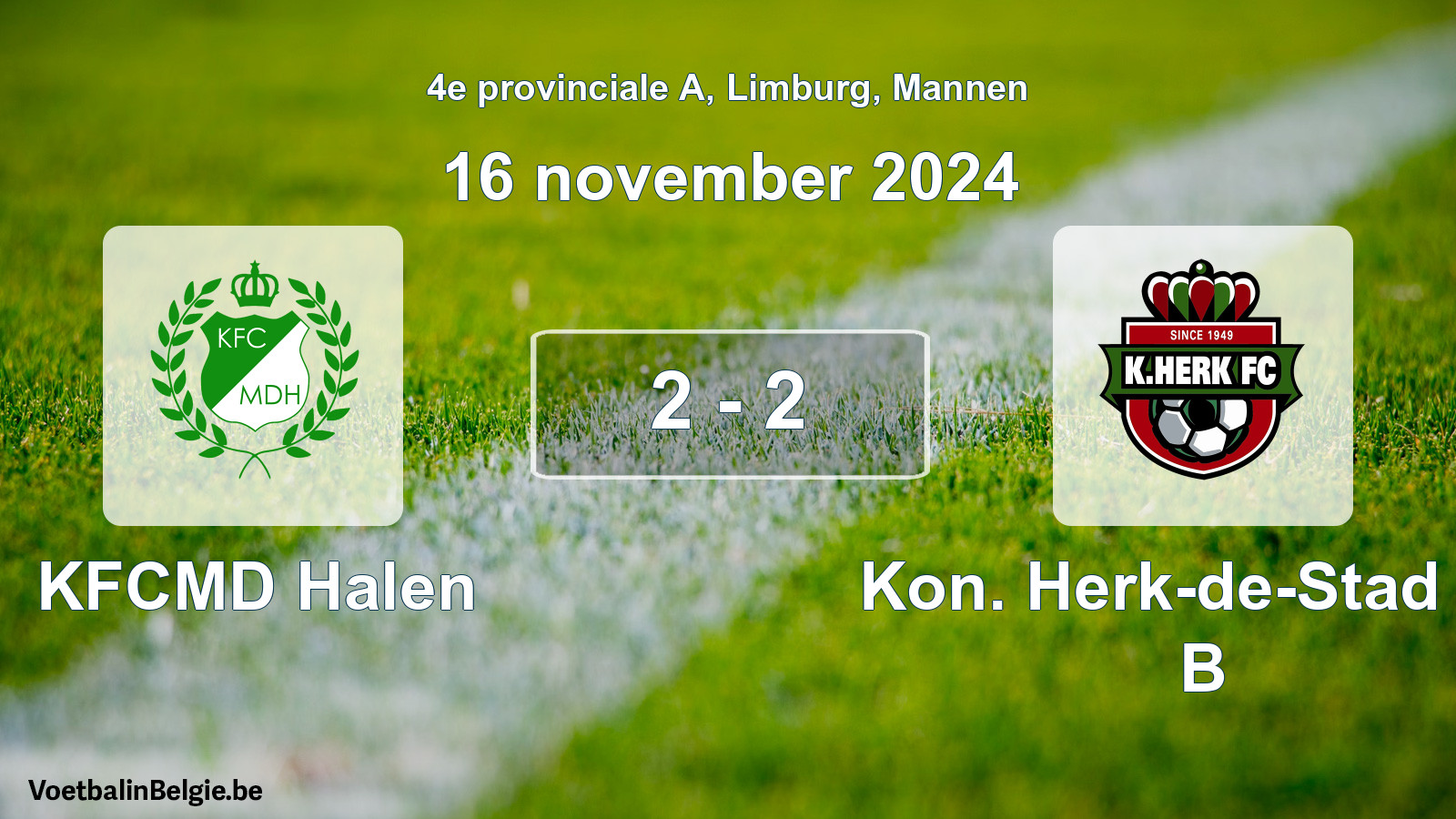 Gespeelde wedstrijd mannenvoetbal: KFCMD Halen - Kon. Herk-de-Stad FC B 2 - 2 (16 november 2024)