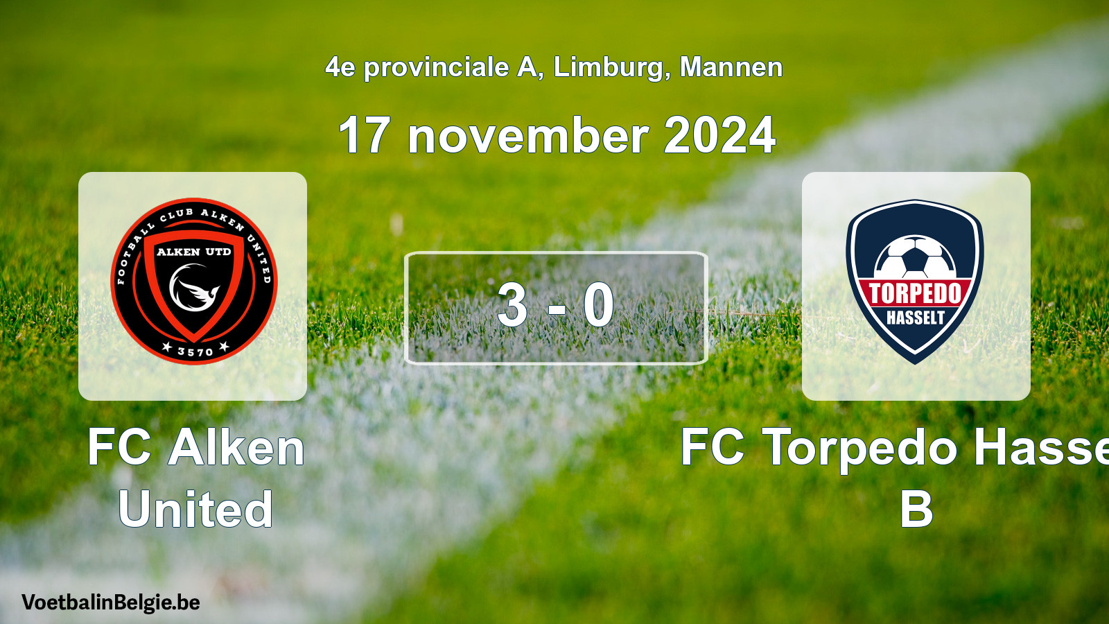 Gespeelde wedstrijd mannenvoetbal: FC Alken United - FC Torpedo Hasselt B 3 - 0 (17 november 2024)