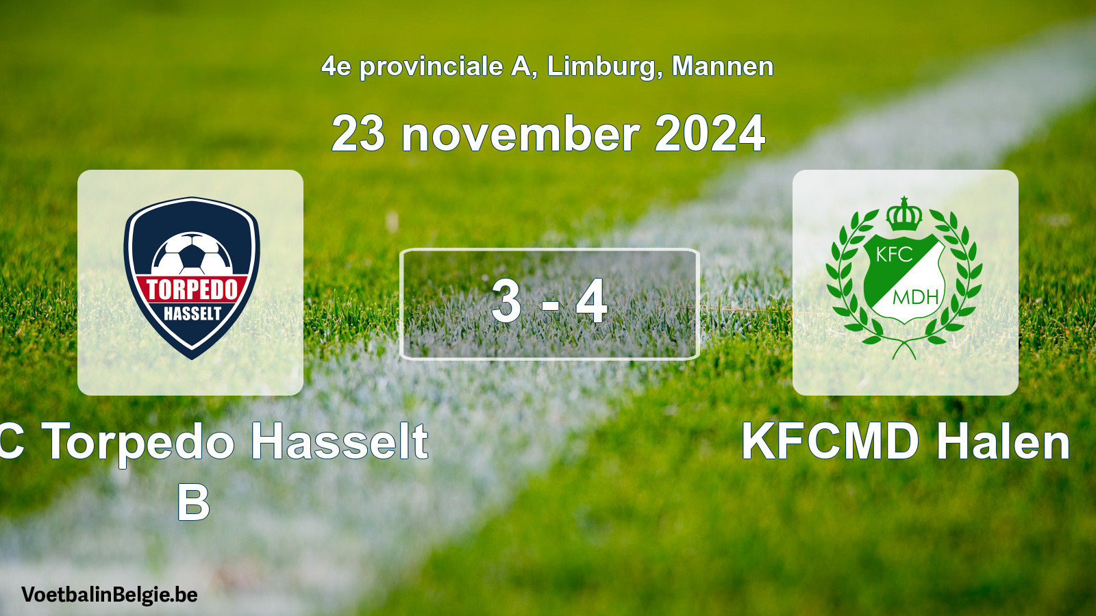 Gespeelde wedstrijd mannenvoetbal: FC Torpedo Hasselt B - KFCMD Halen 3 - 4 (23 november 2024)