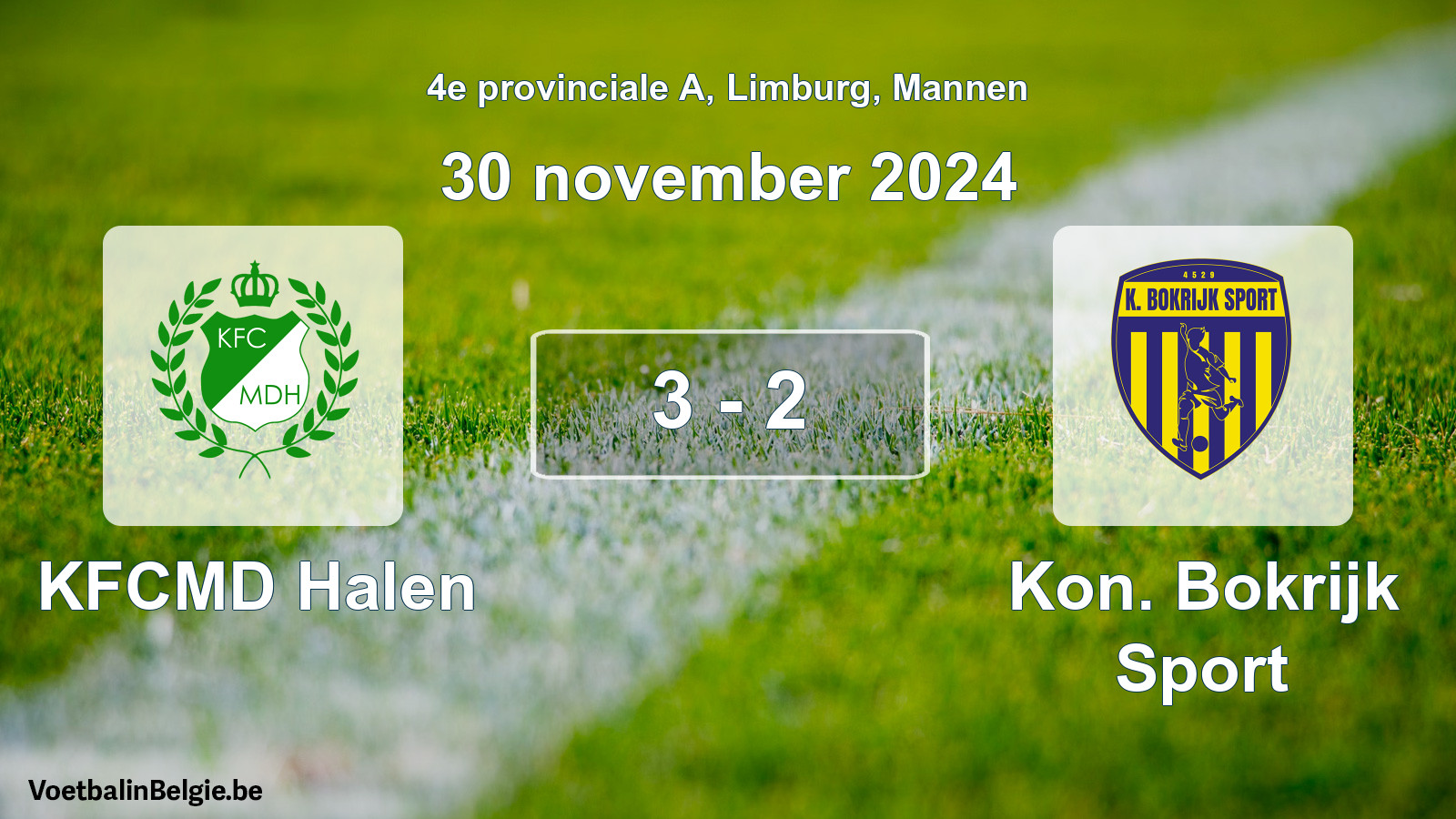Gespeelde wedstrijd mannenvoetbal: KFCMD Halen - Kon. Bokrijk Sport 3 - 2 (30 november 2024)