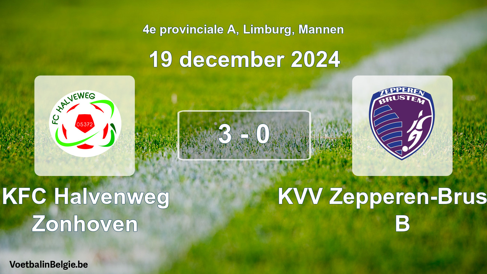 Gespeelde wedstrijd mannenvoetbal: KFC Halvenweg Zonhoven - KVV Zepperen-Brustem B 3 - 0 (19 december 2024)