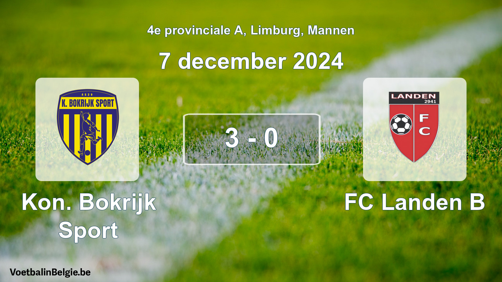Gespeelde wedstrijd mannenvoetbal: Kon. Bokrijk Sport - FC Landen B 3 - 0 (7 december 2024)