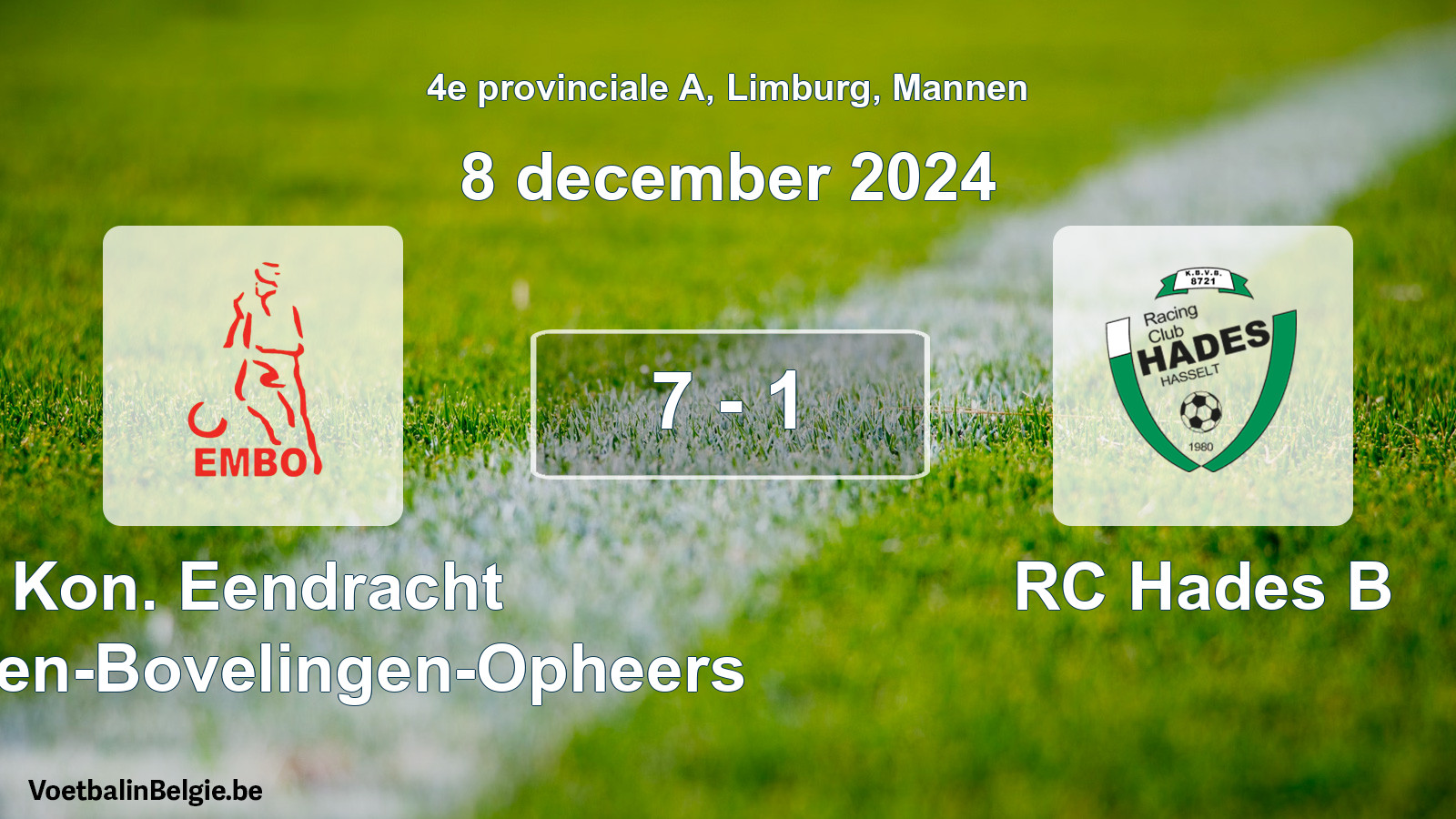 Gespeelde wedstrijd mannenvoetbal: Kon. Eendracht Mechelen-Bovelingen-Opheers - RC Hades B 7 - 1 (8 december 2024)