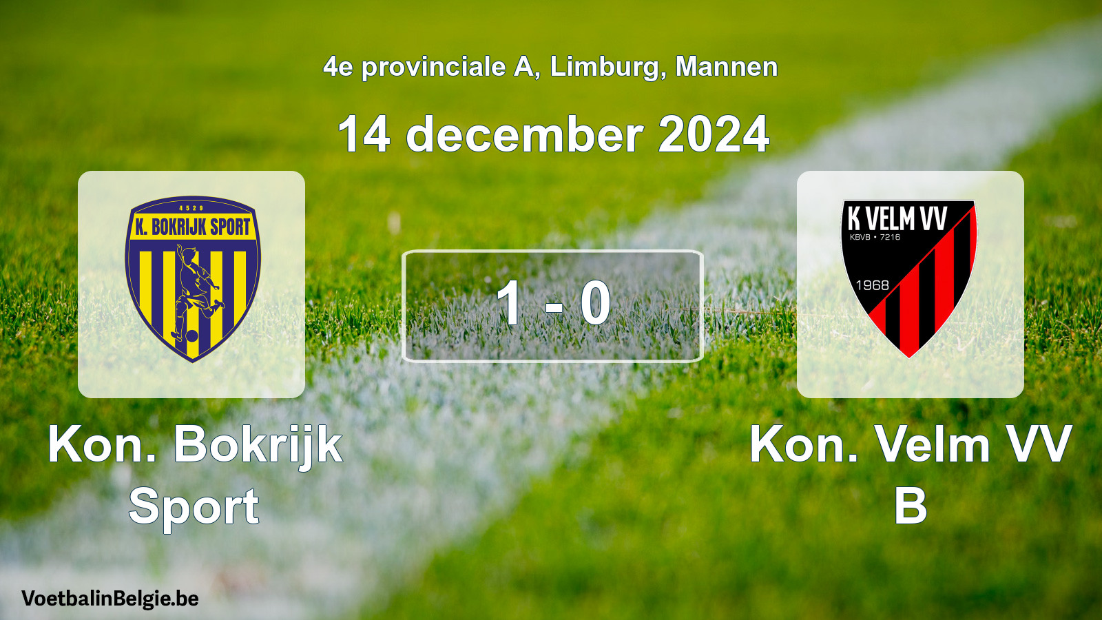Gespeelde wedstrijd mannenvoetbal: Kon. Bokrijk Sport - Kon. Velm VV B 1 - 0 (14 december 2024)