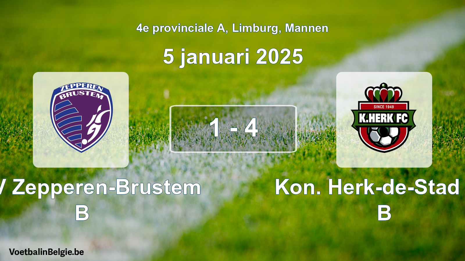 Gespeelde wedstrijd mannenvoetbal: KVV Zepperen-Brustem B - Kon. Herk-de-Stad FC B 1 - 4 (5 januari 2025)