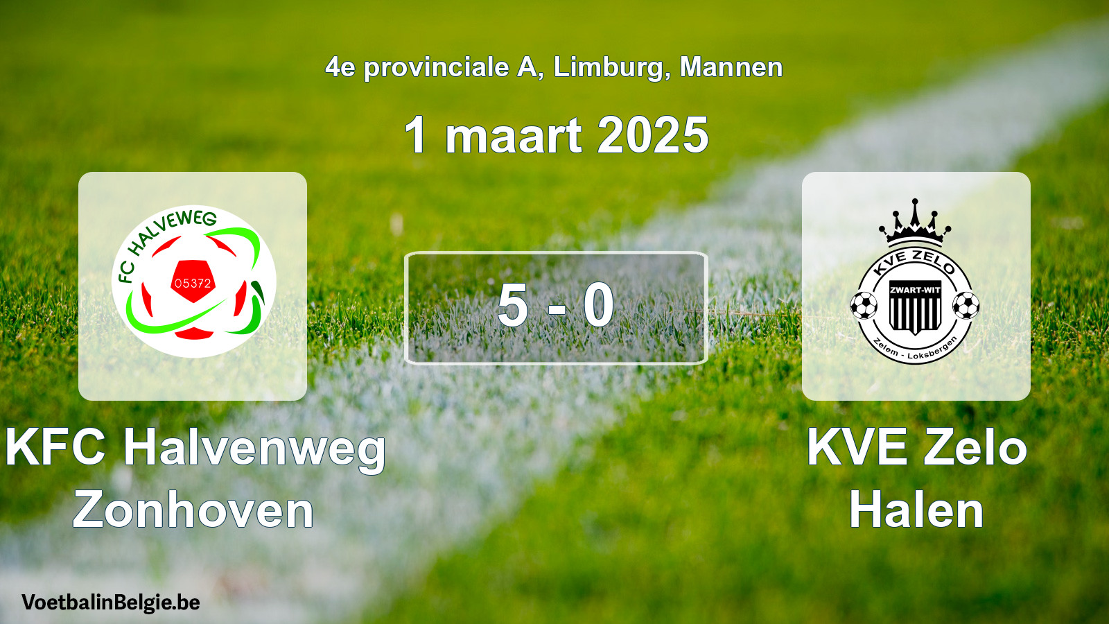 Gespeelde wedstrijd mannenvoetbal: KFC Halvenweg Zonhoven - KVE Zelo Halen 5 - 0 (1 maart 2025)