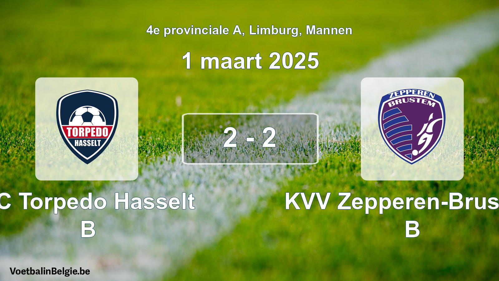 Gespeelde wedstrijd mannenvoetbal: FC Torpedo Hasselt B - KVV Zepperen-Brustem B 2 - 2 (1 maart 2025)