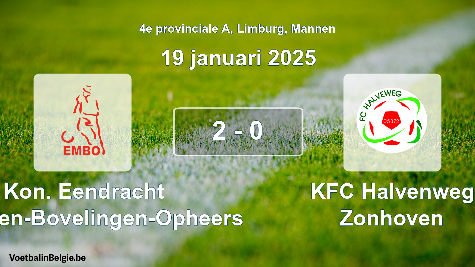 Gespeelde wedstrijd mannenvoetbal: Kon. Eendracht Mechelen-Bovelingen-Opheers - KFC Halvenweg Zonhoven 2 - 0 (19 januari 2025)