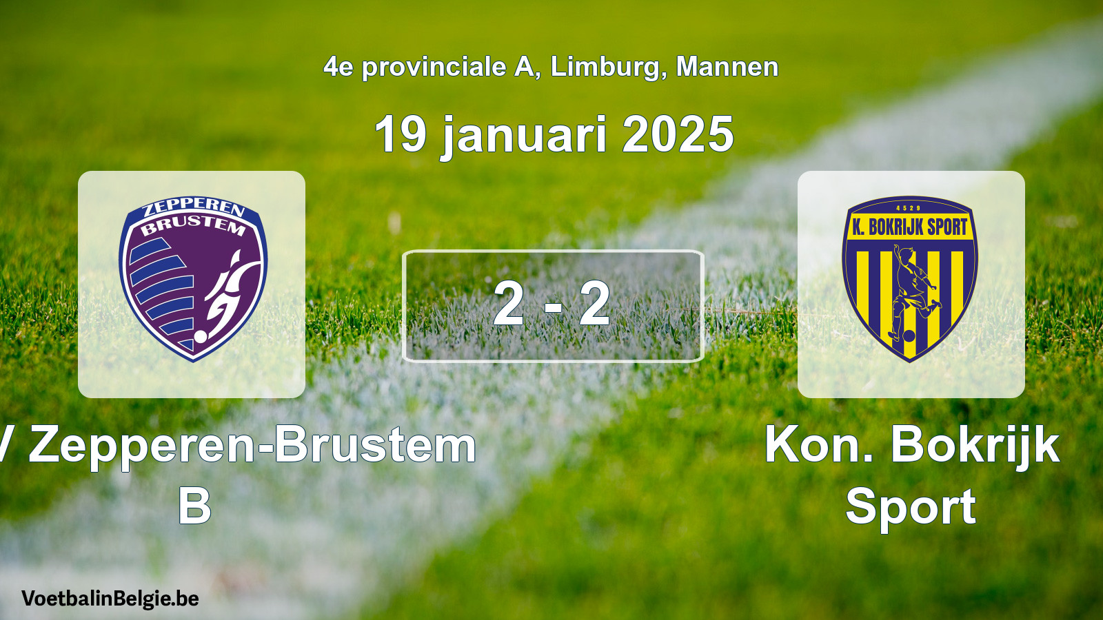 Gespieltes Spiel männer-Fußball: KVV Zepperen-Brustem B - Kon. Bokrijk Sport 2 - 2 (19 Januar 2025)