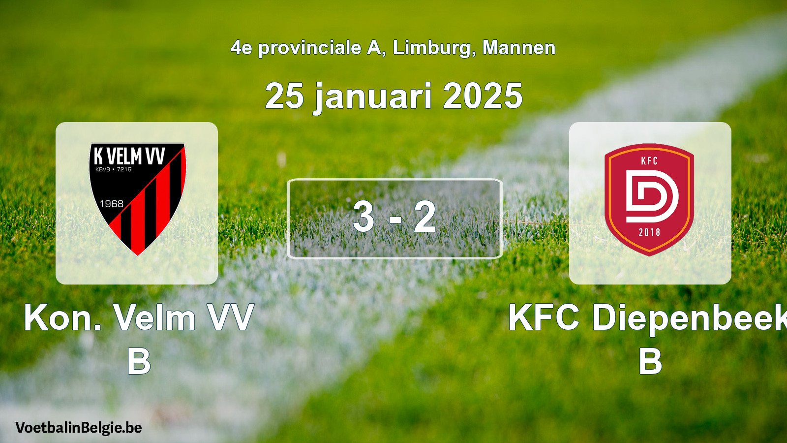 Gespeelde wedstrijd mannenvoetbal: Kon. Velm VV B - KFC Diepenbeek B 3 - 2 (25 januari 2025)