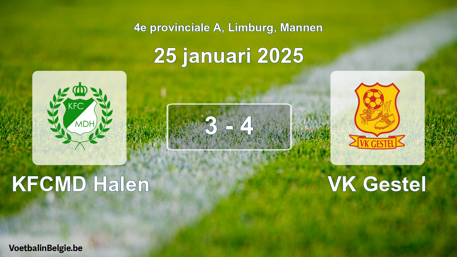 Gespeelde wedstrijd mannenvoetbal: KFCMD Halen - VK Gestel 3 - 4 (25 januari 2025)