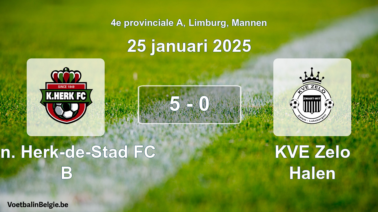 Gespeelde wedstrijd mannenvoetbal: Kon. Herk-de-Stad FC B - KVE Zelo Halen 5 - 0 (25 januari 2025)