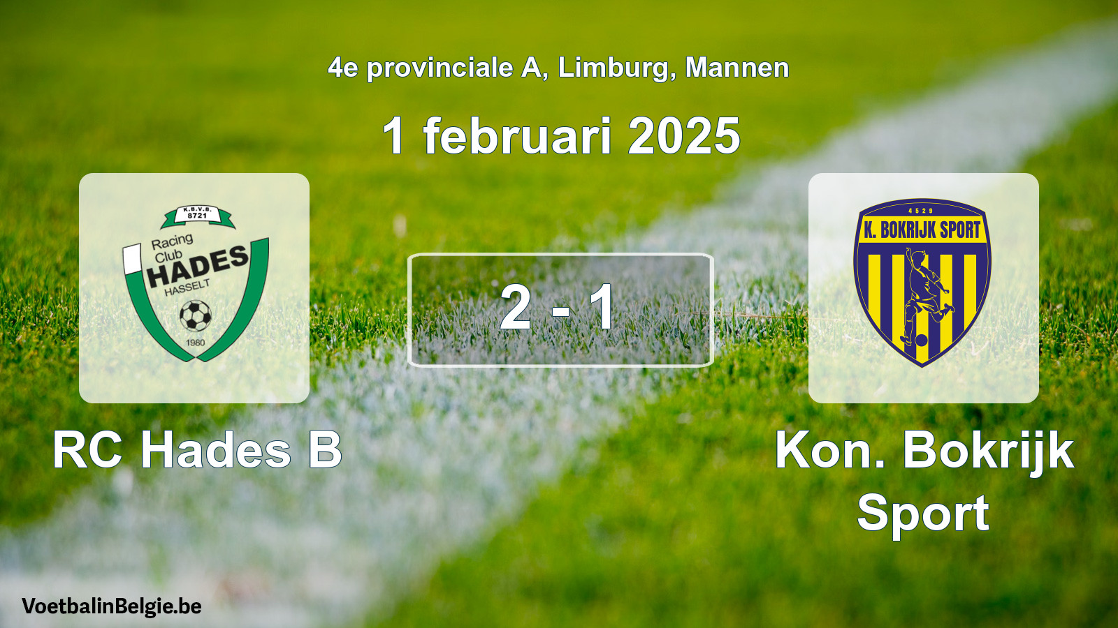 Gespeelde wedstrijd mannenvoetbal: RC Hades B - Kon. Bokrijk Sport 2 - 1 (1 februari 2025)
