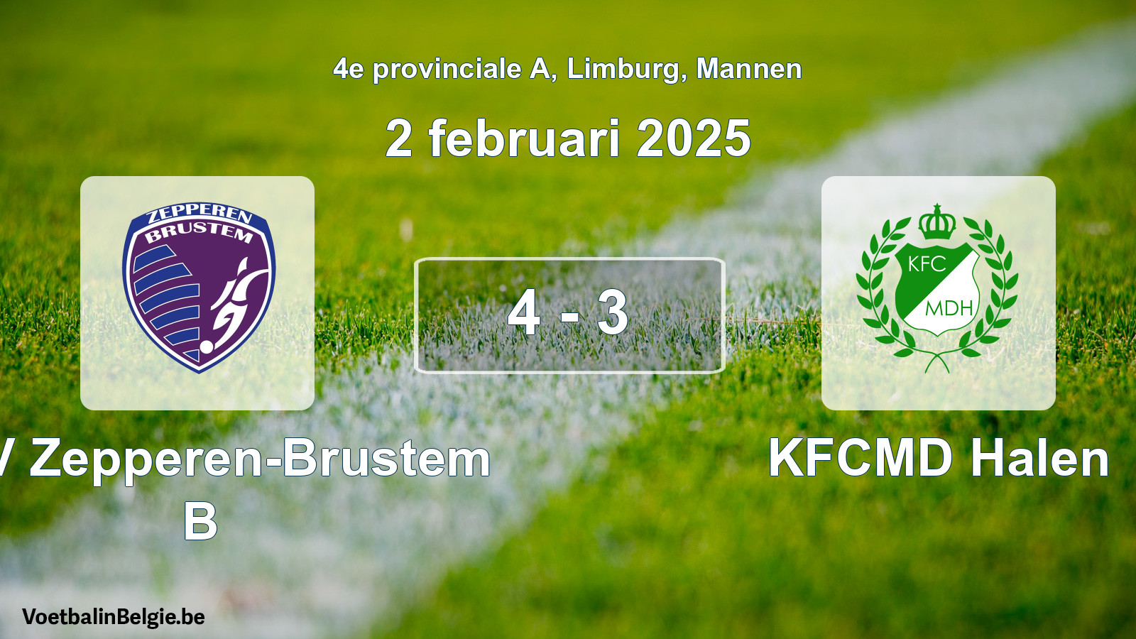 Gespeelde wedstrijd mannenvoetbal: KVV Zepperen-Brustem B - KFCMD Halen 4 - 3 (2 februari 2025)