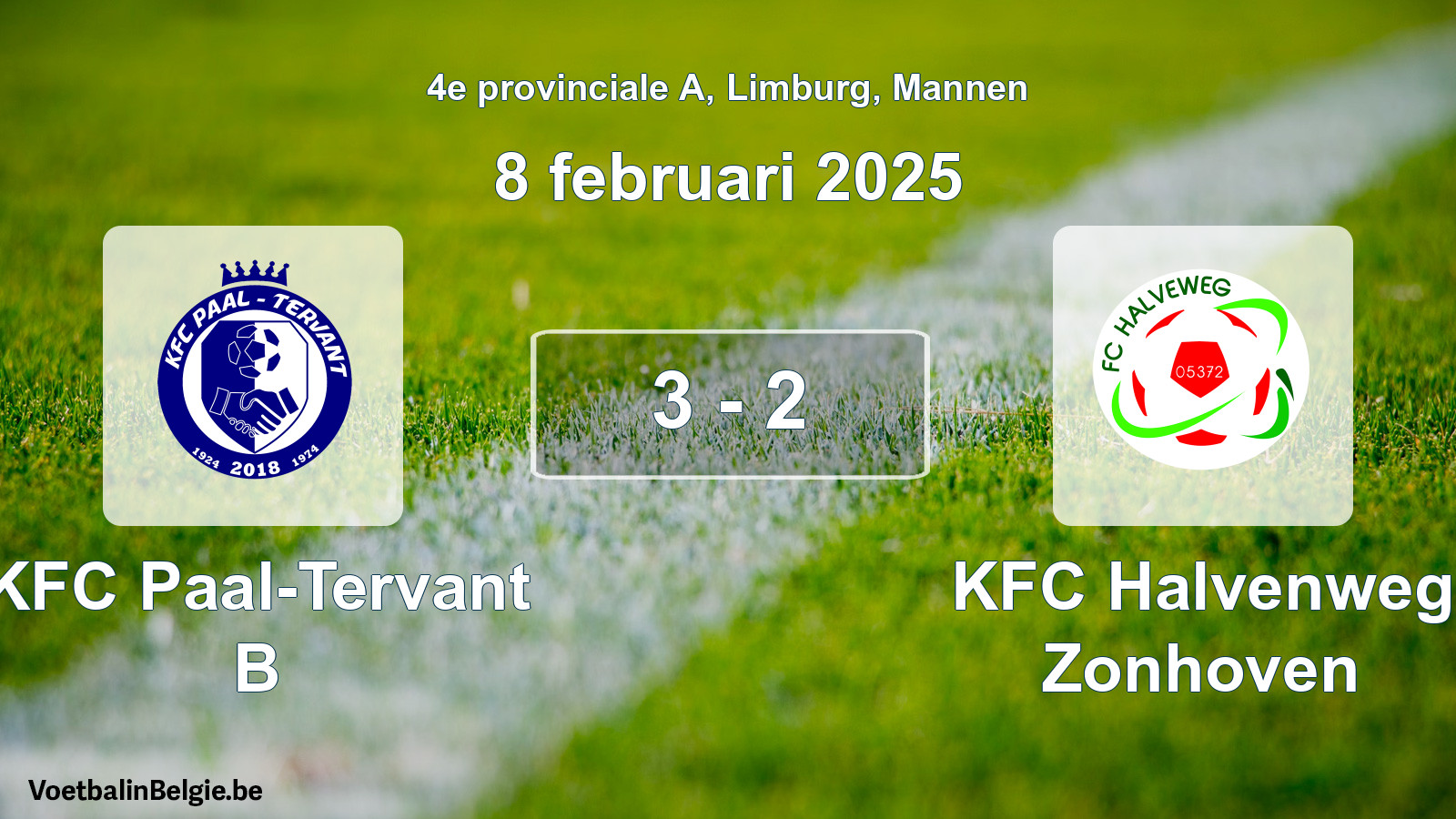 Gespeelde wedstrijd mannenvoetbal: KFC Paal-Tervant B - KFC Halvenweg Zonhoven 3 - 2 (8 februari 2025)