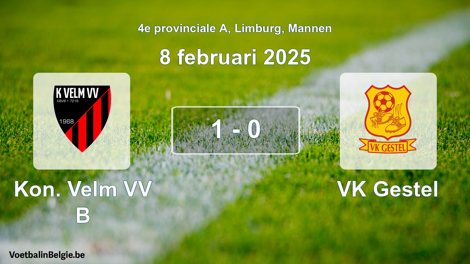 Gespeelde wedstrijd mannenvoetbal: Kon. Velm VV B - VK Gestel 1 - 0 (8 februari 2025)