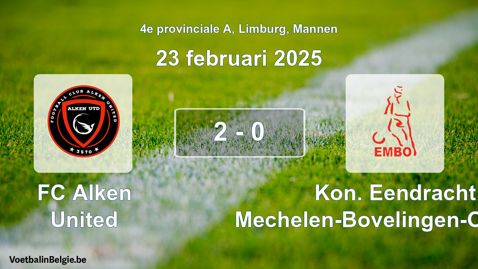 Gespieltes Spiel männer-Fußball: FC Alken United - Kon. Eendracht Mechelen-Bovelingen-Opheers 2 - 0 (23 Februar 2025)