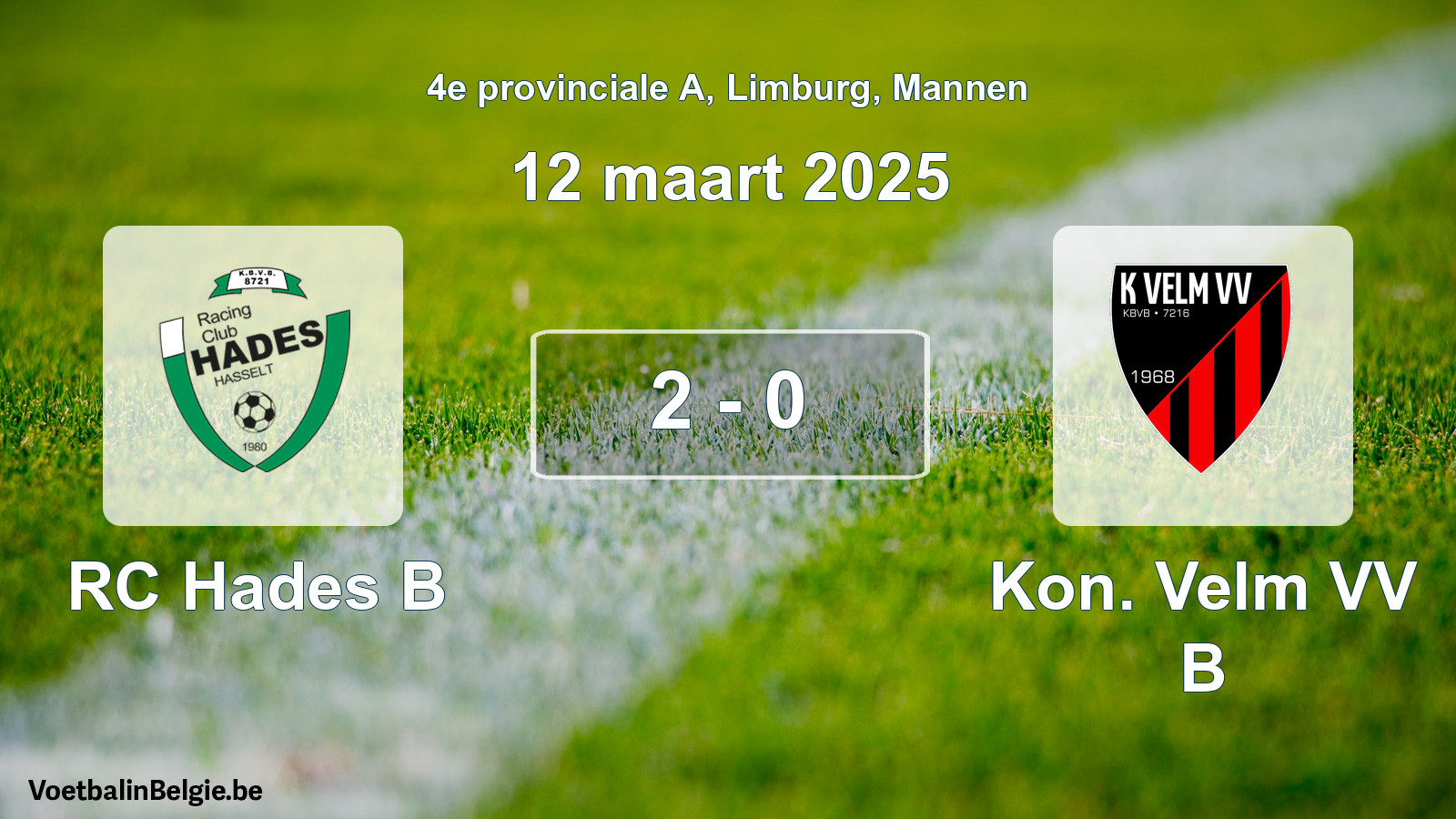 Gespeelde wedstrijd mannenvoetbal: RC Hades B - Kon. Velm VV B 2 - 0 (12 maart 2025)