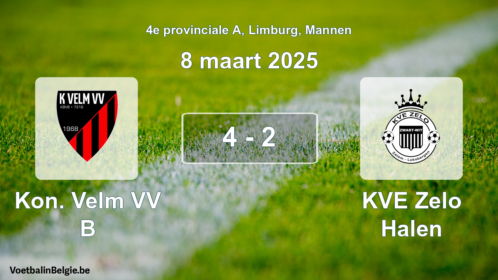 Gespeelde wedstrijd mannenvoetbal: Kon. Velm VV B - KVE Zelo Halen 4 - 2 (8 maart 2025)