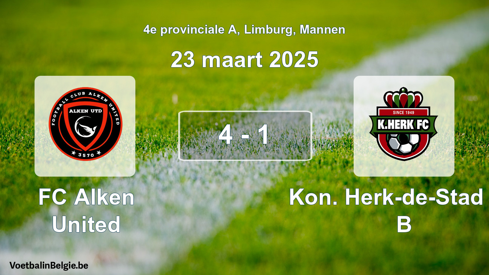 Gespeelde wedstrijd mannenvoetbal: FC Alken United - Kon. Herk-de-Stad FC B 4 - 1 (23 maart 2025)