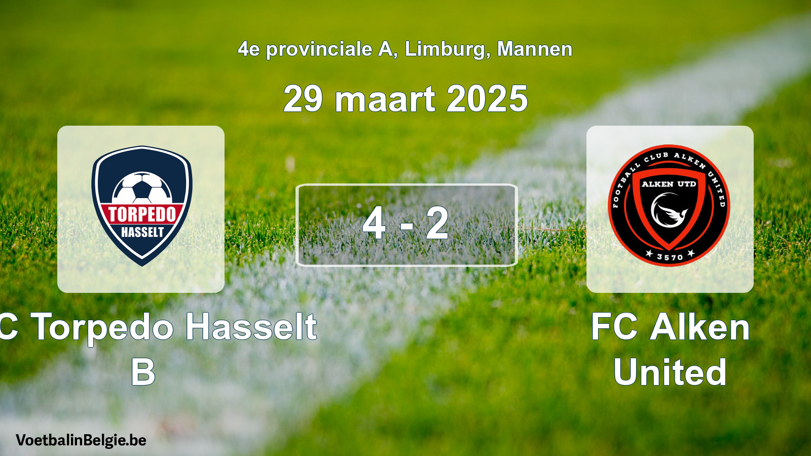 Gespeelde wedstrijd mannenvoetbal: FC Torpedo Hasselt B - FC Alken United 4 - 2 (29 maart 2025)