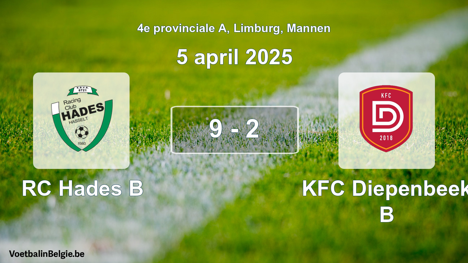 Gespeelde wedstrijd mannenvoetbal: RC Hades B - KFC Diepenbeek B 9 - 2 (5 april 2025)