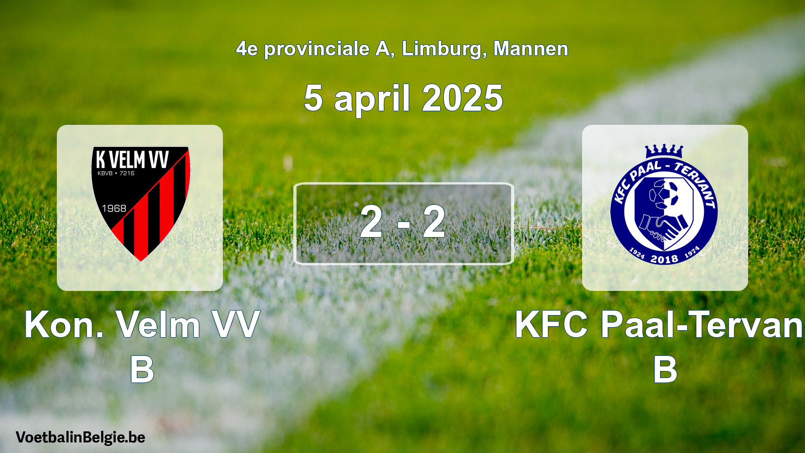 Gespeelde wedstrijd mannenvoetbal: Kon. Velm VV B - KFC Paal-Tervant B 2 - 2 (5 april 2025)