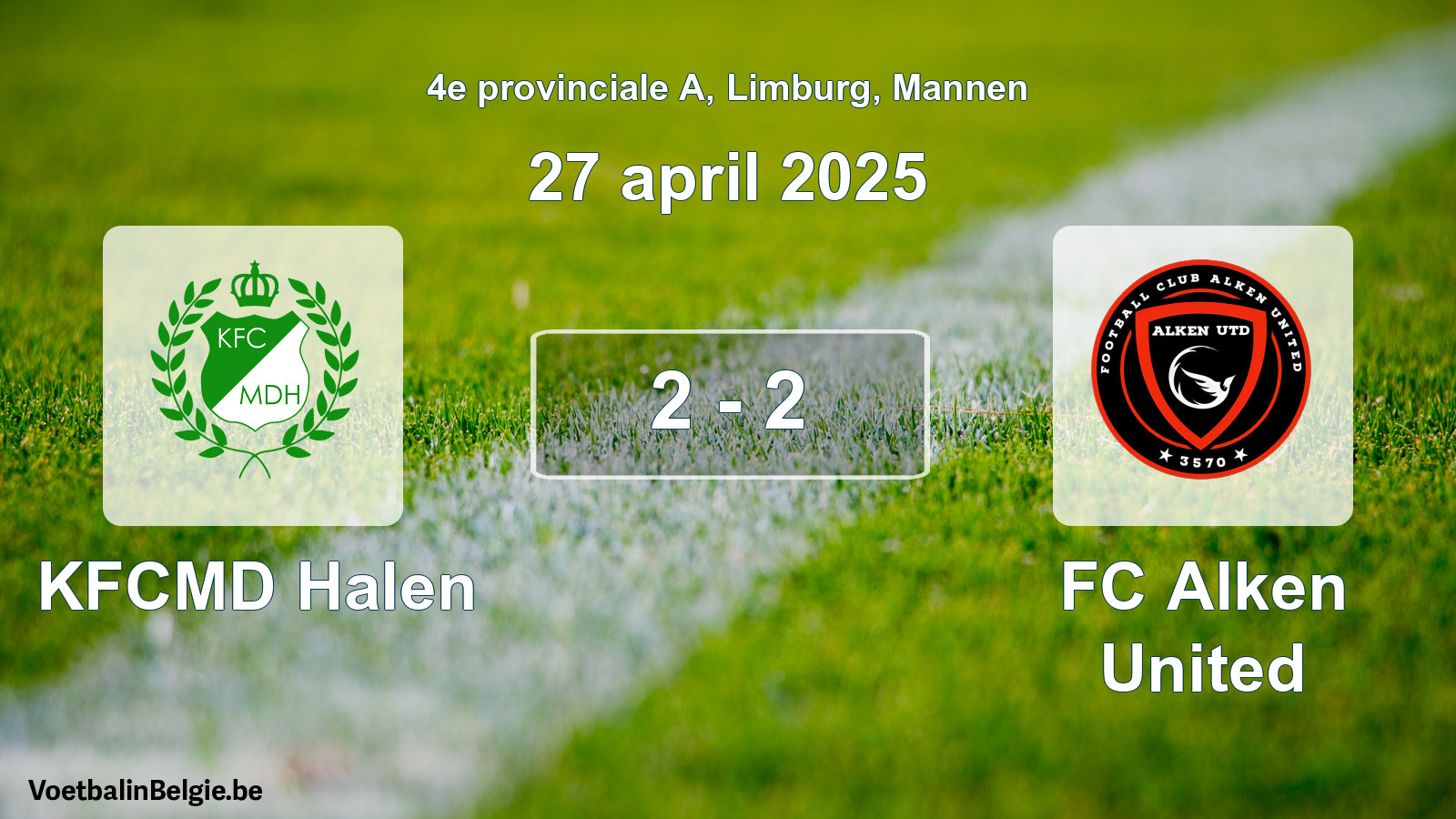 Gespeelde wedstrijd mannenvoetbal: KFCMD Halen - FC Alken United 2 - 2 (27 april 2025)