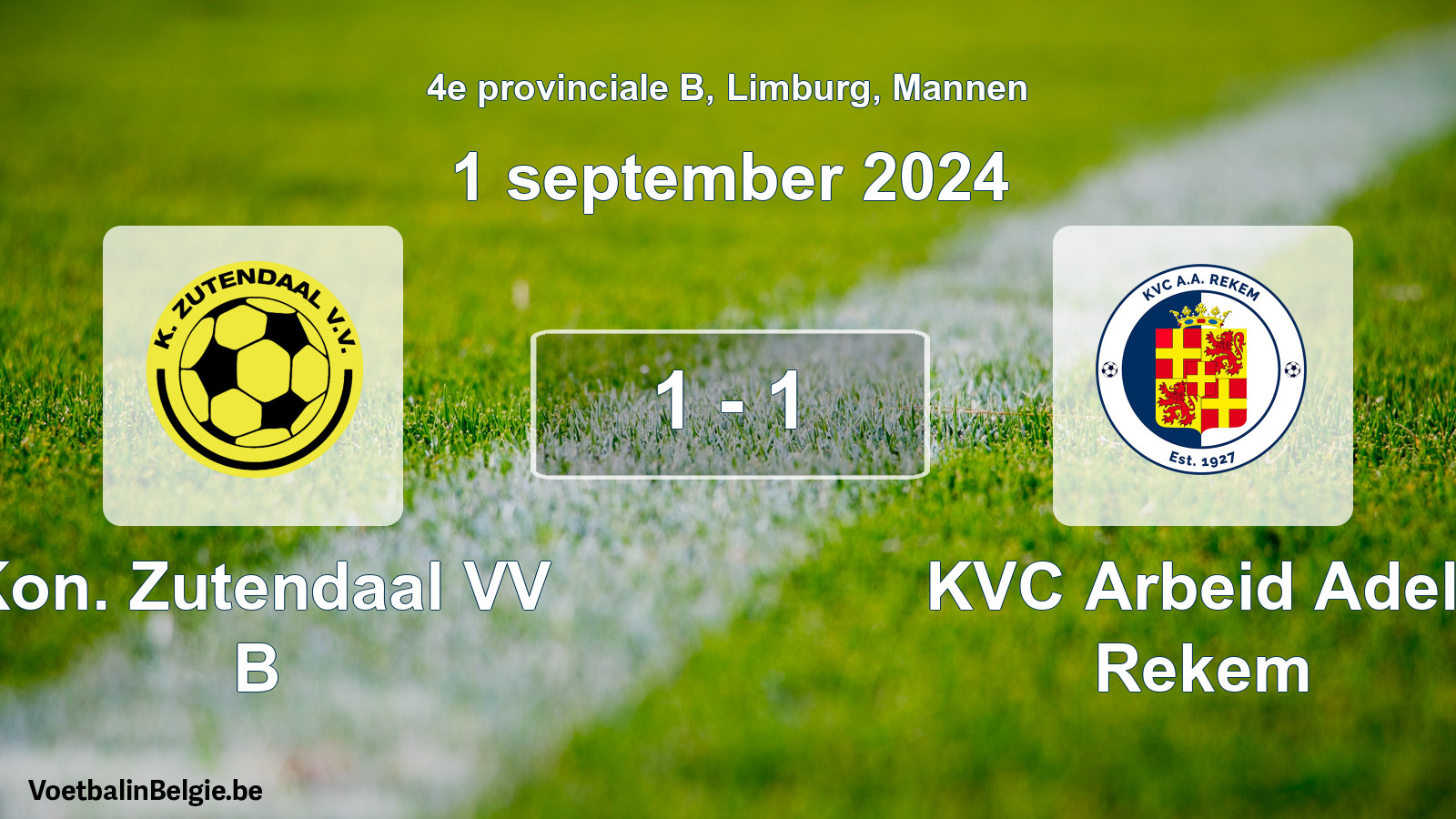 Gespeelde wedstrijd mannenvoetbal: Kon. Zutendaal VV B - KVC Arbeid Adelt Rekem 1 - 1 (1 september 2024)