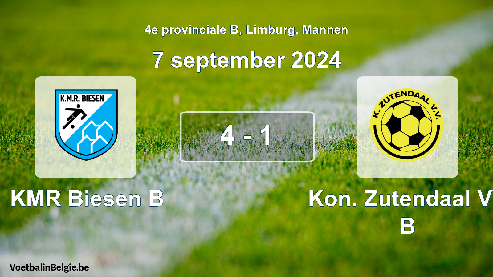 Gespeelde wedstrijd mannenvoetbal: KMR Biesen B - Kon. Zutendaal VV B 4 - 1 (7 september 2024)