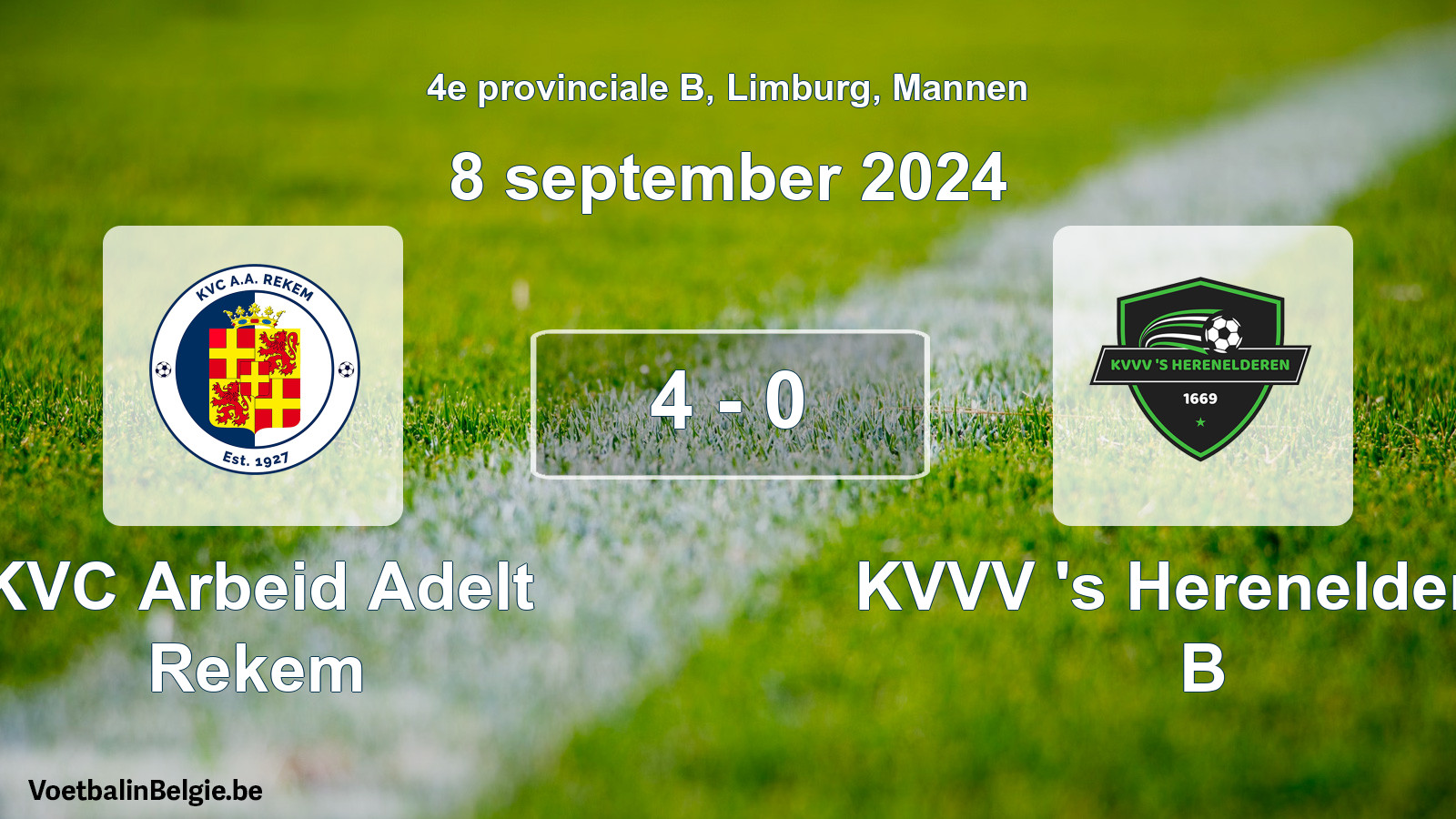 Gespeelde wedstrijd mannenvoetbal: KVC Arbeid Adelt Rekem - KVVV 's Herenelderen B 4 - 0 (8 september 2024)