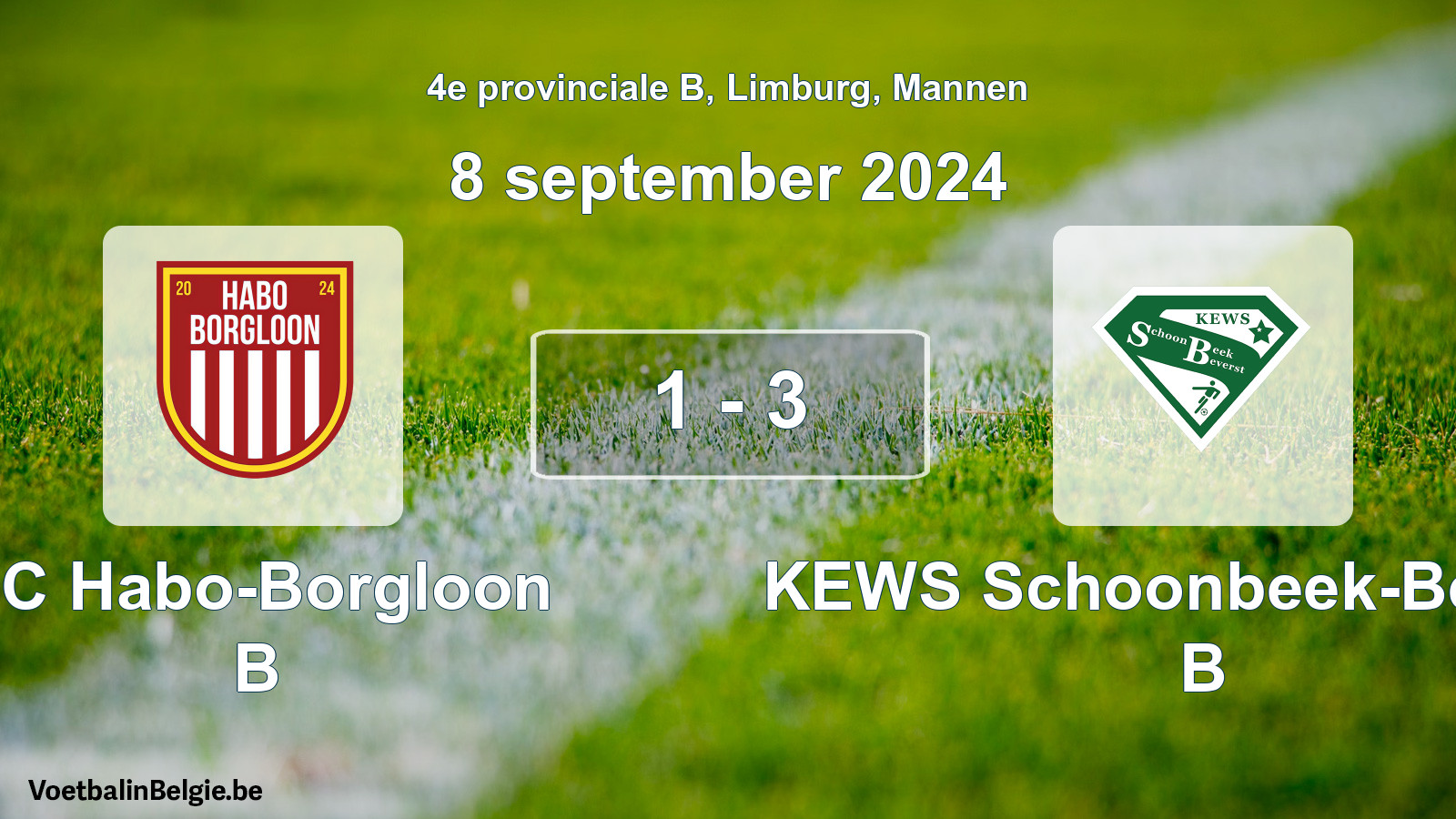 Gespeelde wedstrijd mannenvoetbal: FC Habo-Borgloon B - KEWS Schoonbeek-Beverst B 1 - 3 (8 september 2024)
