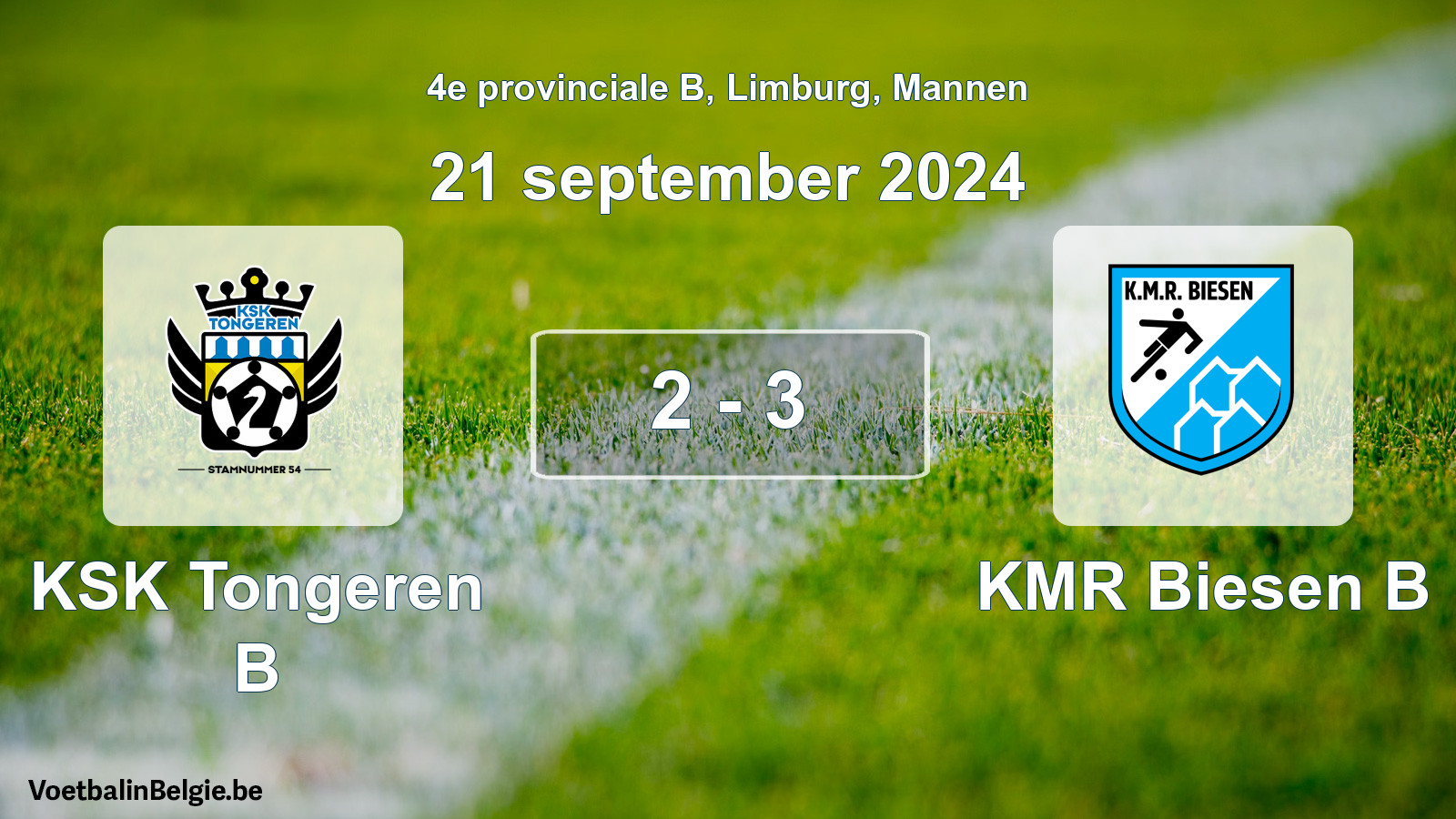 Gespeelde wedstrijd mannenvoetbal: KSK Tongeren B - KMR Biesen B 2 - 3 (21 september 2024)