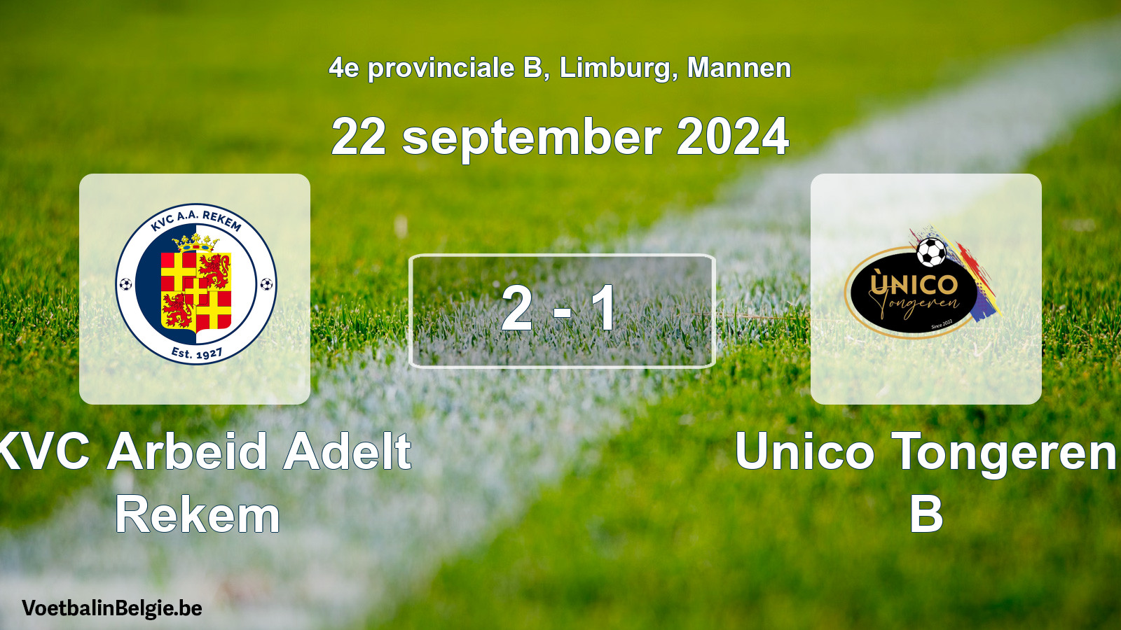 Gespeelde wedstrijd mannenvoetbal: KVC Arbeid Adelt Rekem - Unico Tongeren B 2 - 1 (22 september 2024)