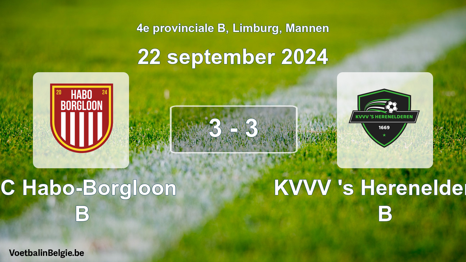 Gespeelde wedstrijd mannenvoetbal: FC Habo-Borgloon B - KVVV 's Herenelderen B 3 - 3 (22 september 2024)