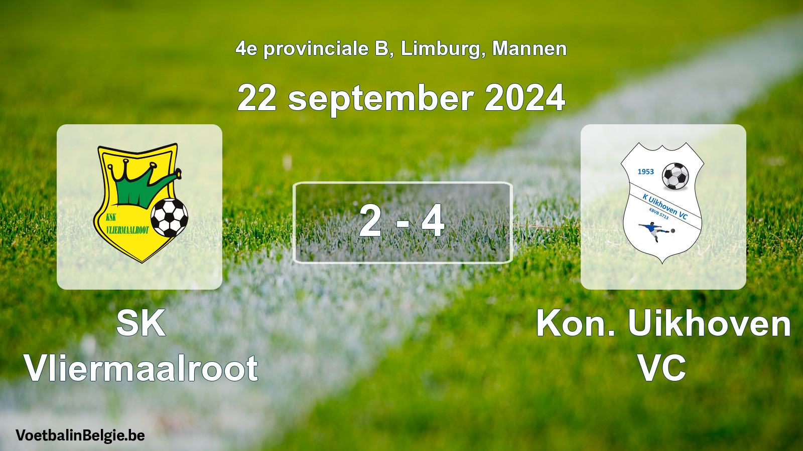 Gespeelde wedstrijd mannenvoetbal: SK Vliermaalroot - Kon. Uikhoven VC 2 - 4 (22 september 2024)