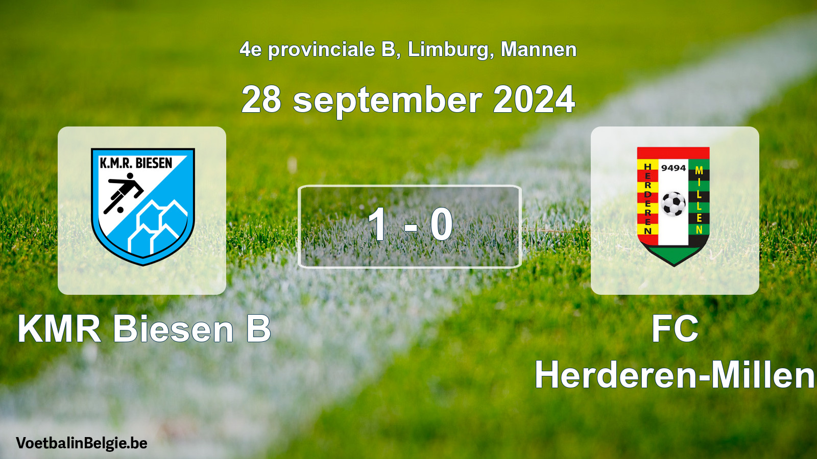 Gespeelde wedstrijd mannenvoetbal: KMR Biesen B - FC Herderen-Millen 1 - 0 (28 september 2024)