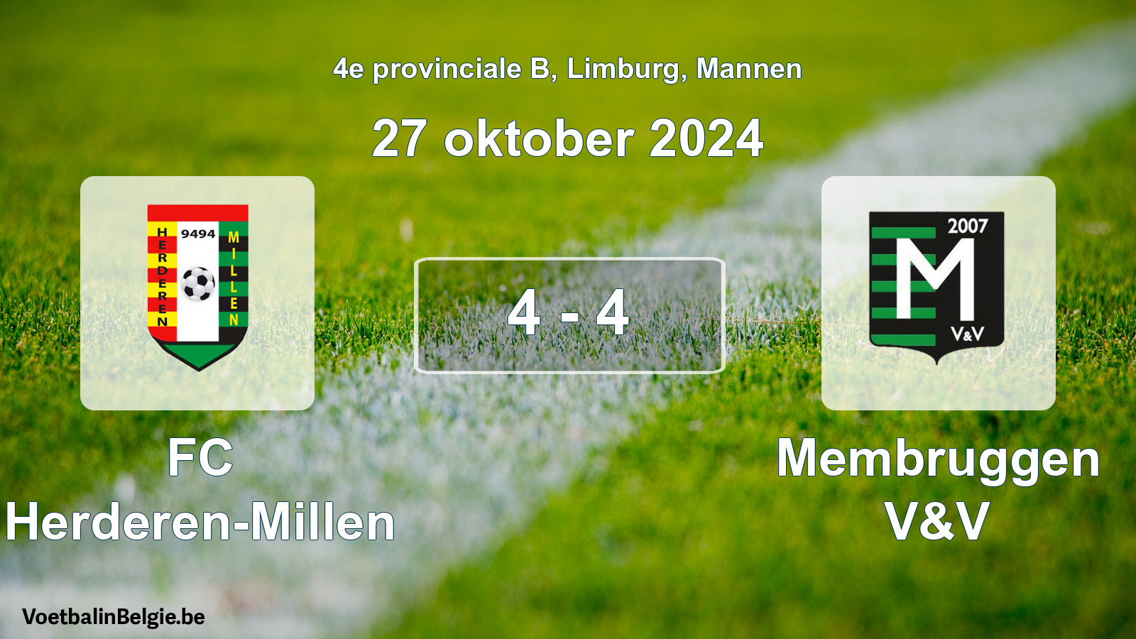 Gespeelde wedstrijd mannenvoetbal: FC Herderen-Millen - Membruggen V&V 4 - 4 (27 oktober 2024)